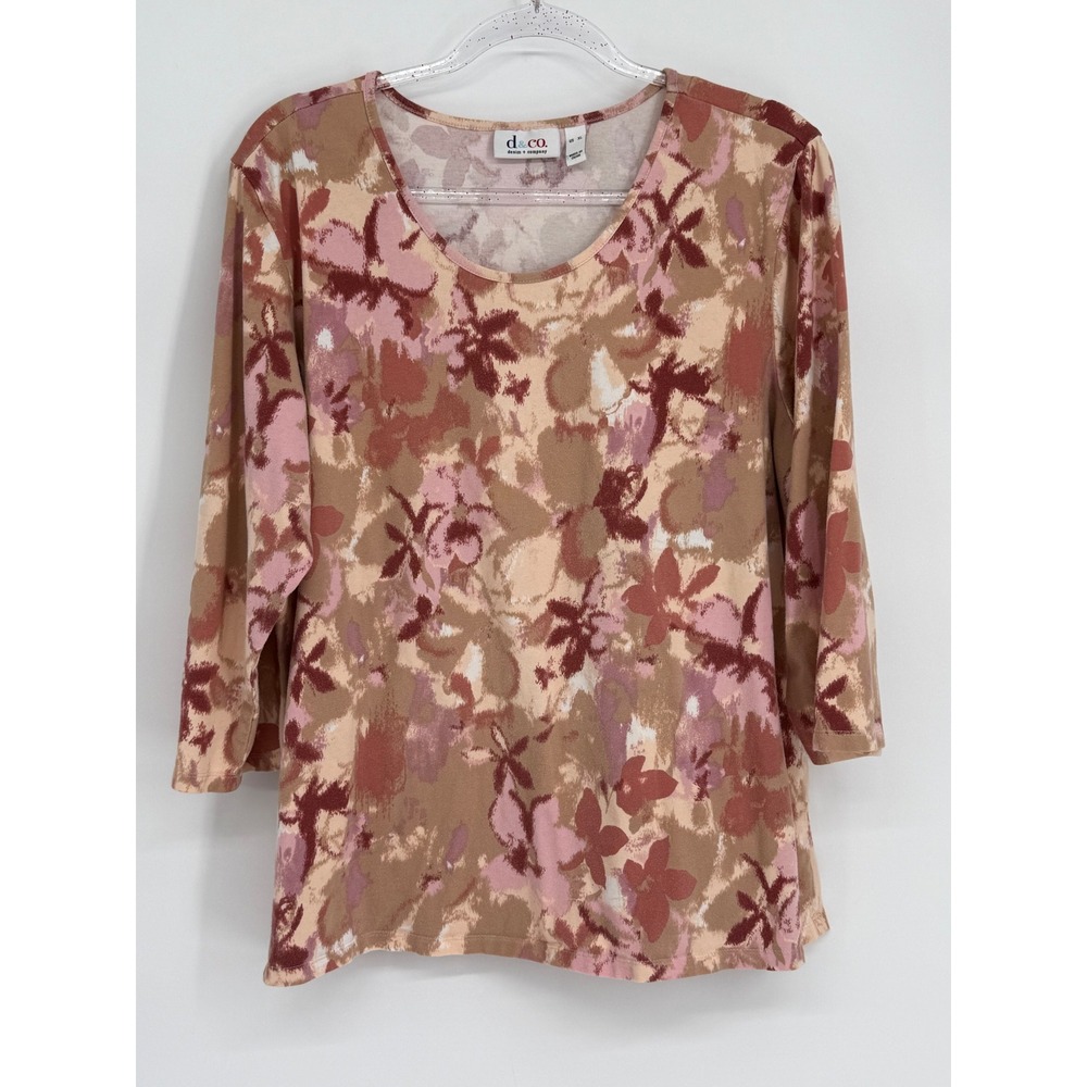 Denim & Co Womens Sz XL Pink Brown Floral Scoop Neck 3/4 Sleeve Knit Top